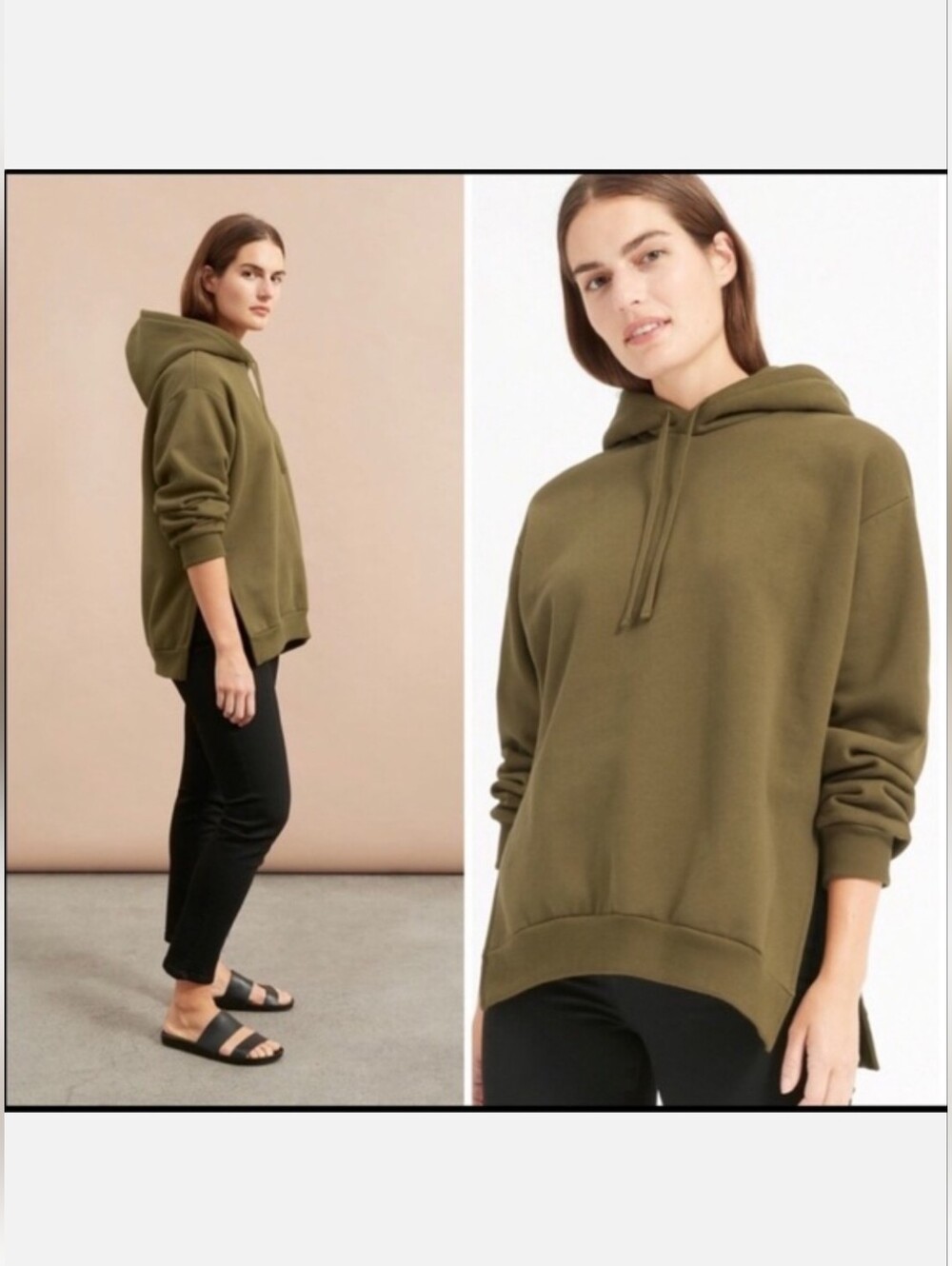 Everlane Olive Green Fleece Hooded Pullover Sweatshirt